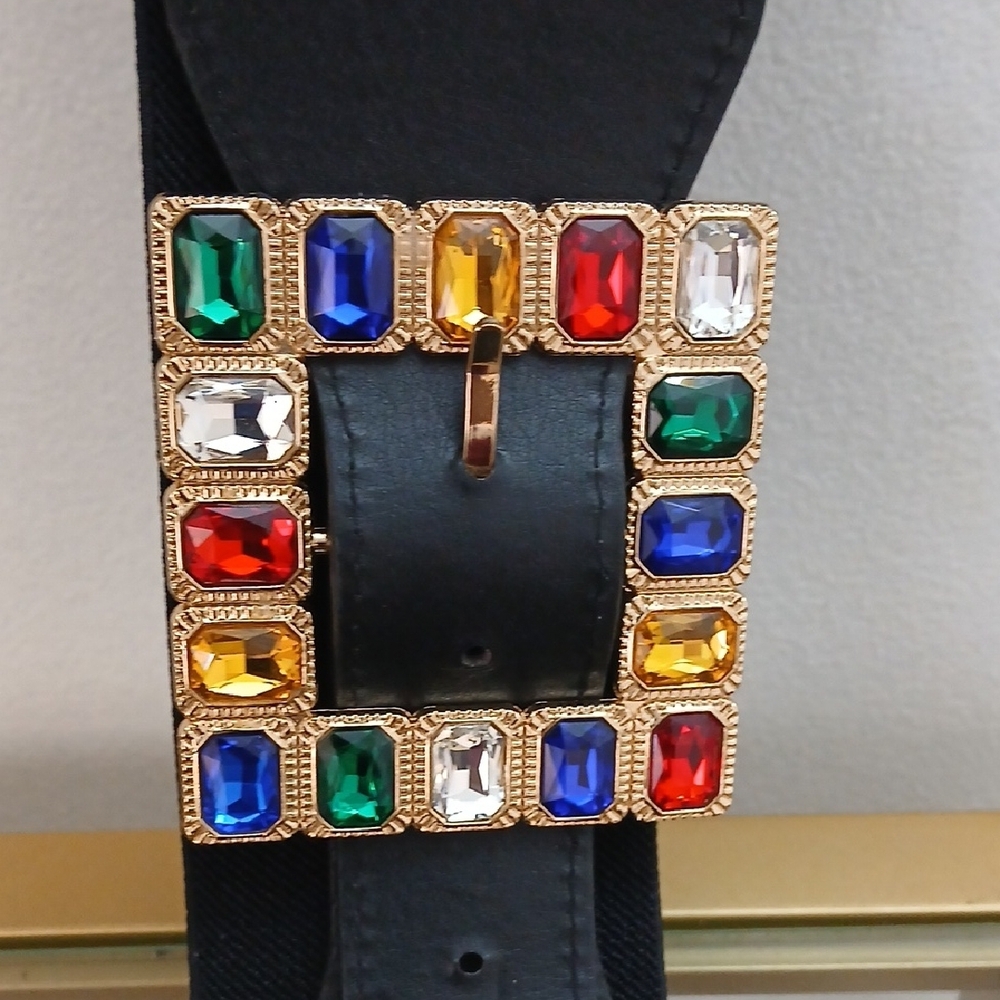 Elegant Black Belt with Multicolor Gem Buckle